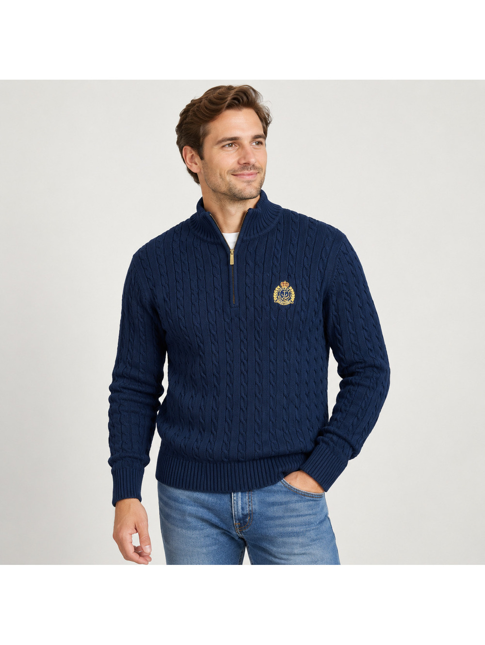 Ralph Lauren Men's Cable Knit Quarter Zip Crest Sweater Navy Cotton Large